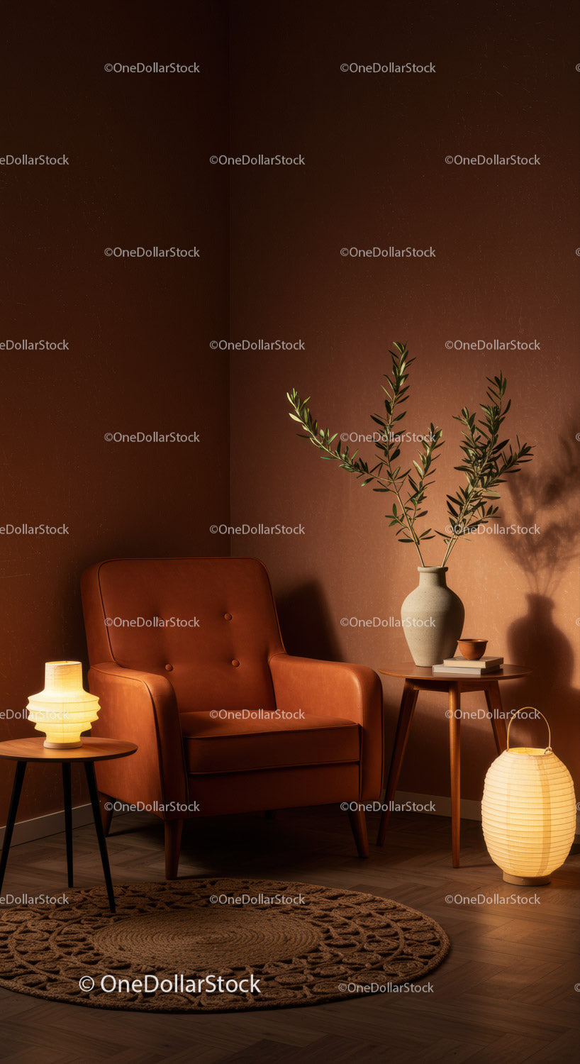 Cozy leather armchair with warm ambient lighting