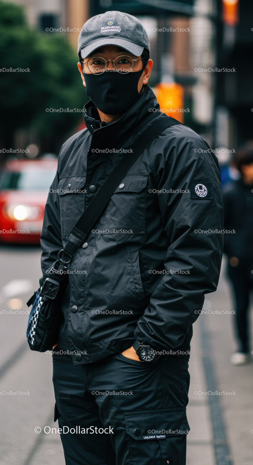 Stylish Man Wearing Black Jacket and Face Mask in Urban Setting