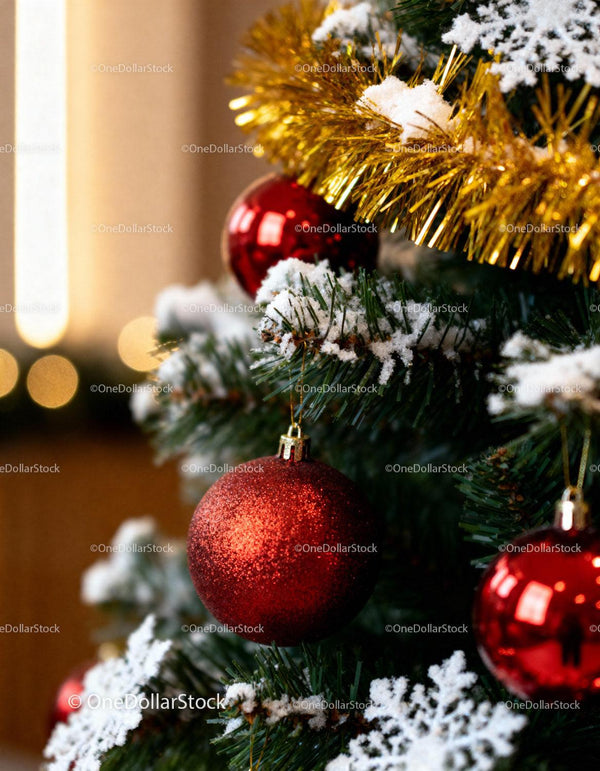 Close-up of Christmas Tree with Red Baubles and Snow