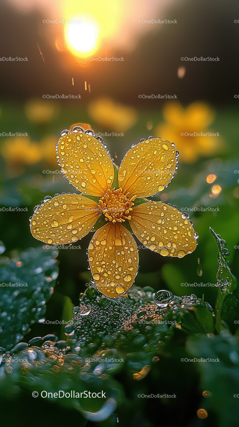 Yellow Flower with Dew Drops Sunlit in Nature Scene
