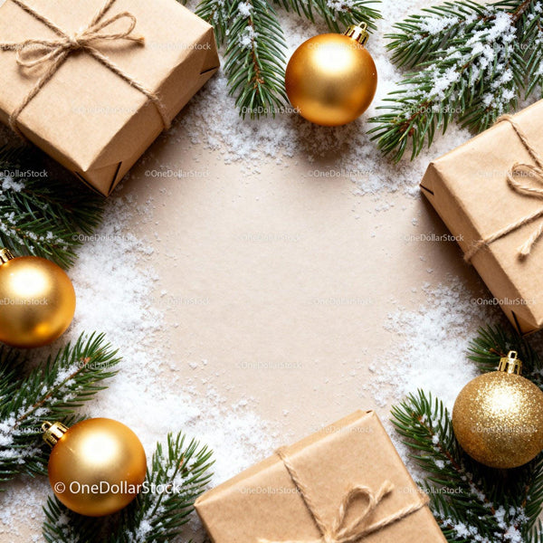 Christmas Gifts and Gold Ornaments with Pine Sprigs