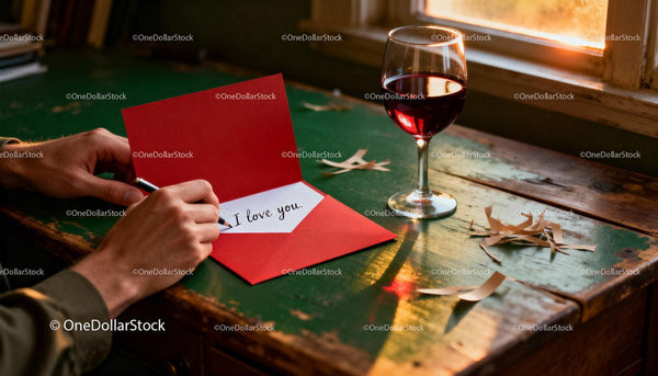 Writing a heartfelt love note with wine by the window