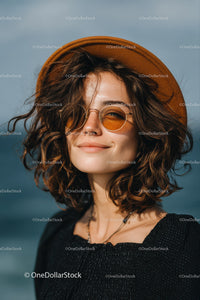 Young Woman Wearing Sunglasses and Brown Curly Hair Outdoors