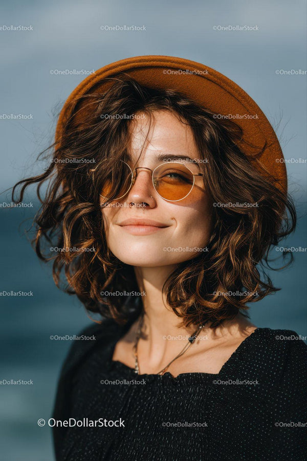 Young Woman Wearing Sunglasses and Brown Curly Hair Outdoors