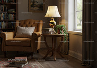 Cozy reading corner with leather armchair and warm light