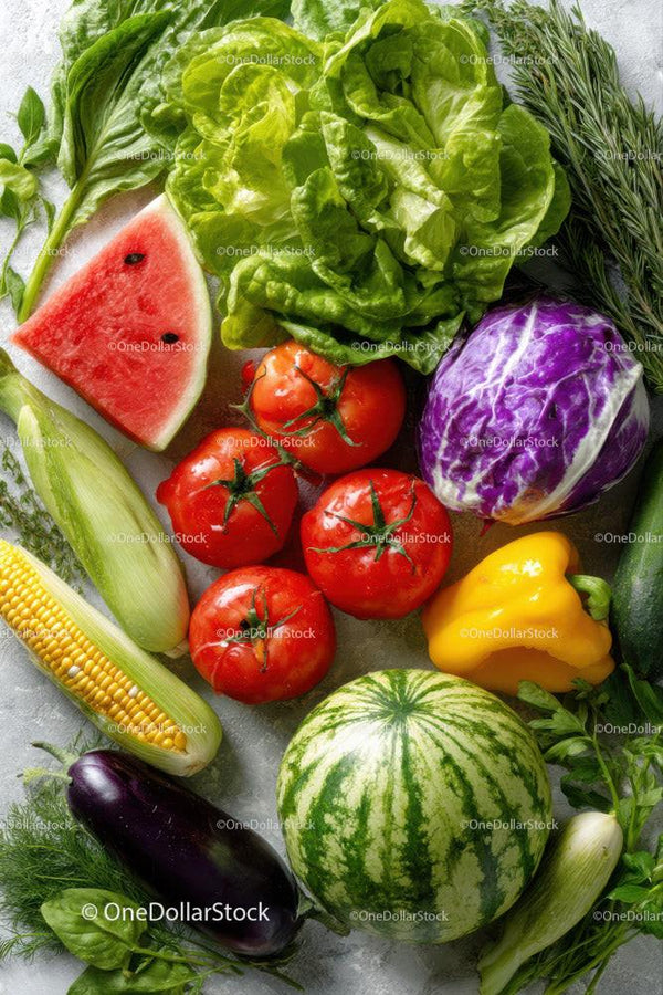 Fresh Colorful Vegetables and Fruit Display with Watermelon and Tomatoes
