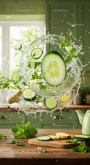 Fresh cucumber and ginger splash in rustic kitchen