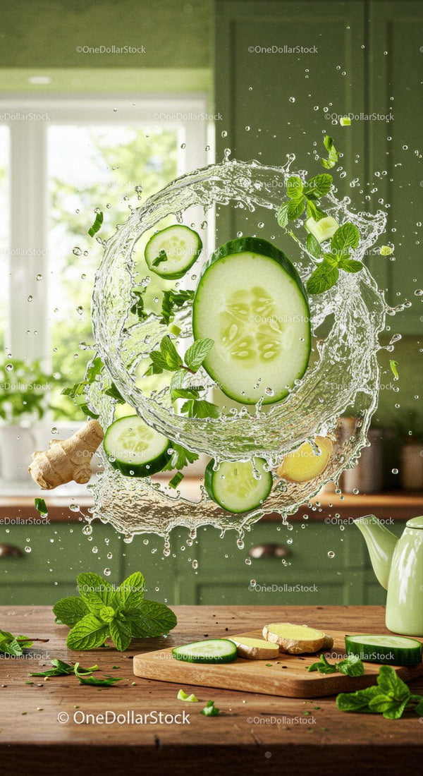 Fresh cucumber and ginger splash in rustic kitchen