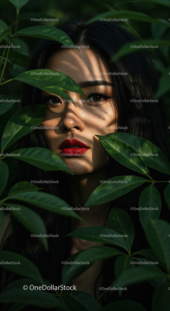 Portret kobiety w otoczeniu zielonych liści o żywych kolorach