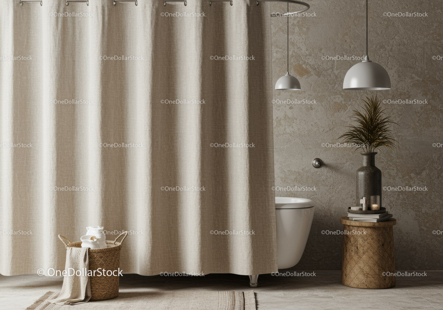 Minimalist Bathroom with Beige Curtain and Wooden Accents