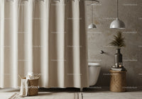 Minimalist Bathroom with Beige Curtain and Wooden Accents