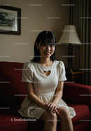 Young Woman Sitting on Couch in Elegant Dress in Cozy Home