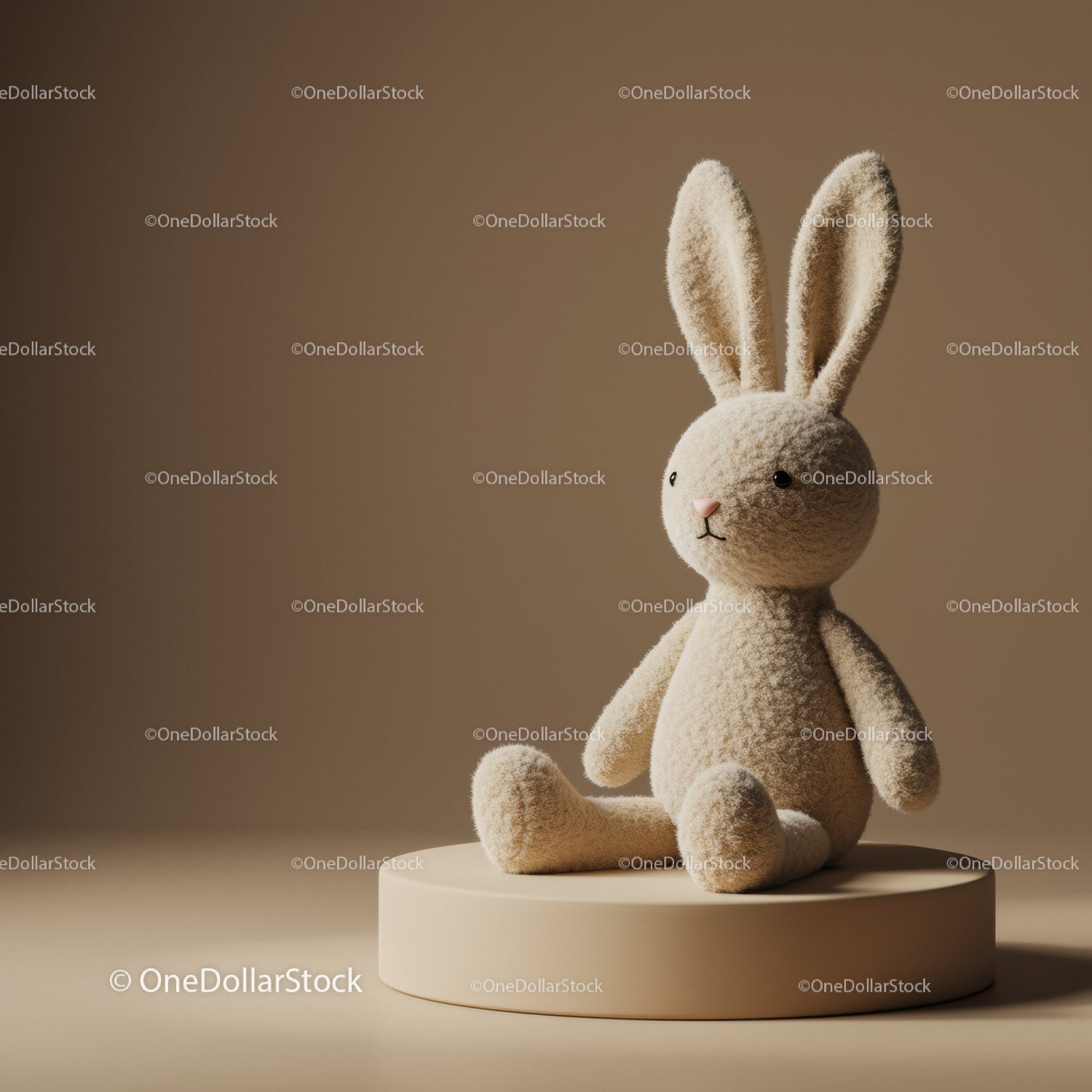 Soft Plush Bunny Sitting on Round Pedestal in Warm Light