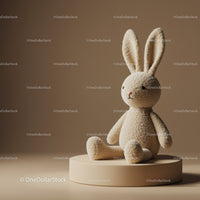 Soft Plush Bunny Sitting on Round Pedestal in Warm Light