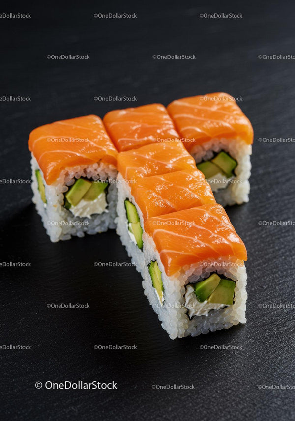 Świeże rolki sushi z łososiem, awokado i serkiem śmietankowym