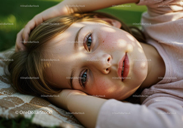 Young girl lying peacefully on patterned blanket outdoors