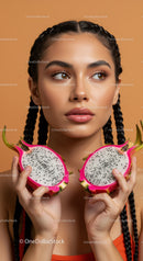 Young Woman with Braided Hair Holding Sliced Dragon Fruit in Bright Studio