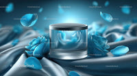 Elegant Blue Cosmetic Jar Among Delicate Petals