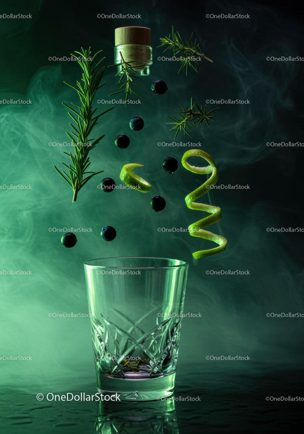 Fresh ingredients floating above empty cocktail glass