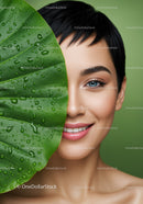 Young Woman Smiling With Bright Blue Eyes Behind Green Leaf