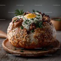 Rustic Bread Bowl with Poached Egg and Fresh Herbs