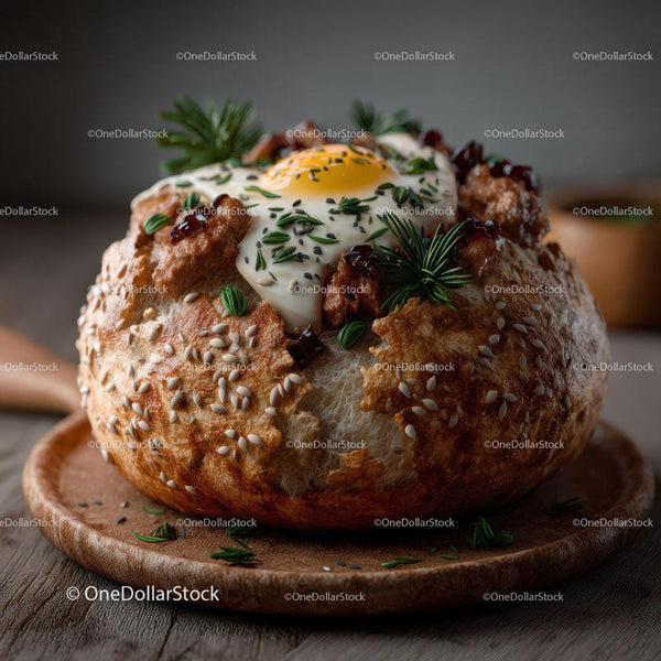 Rustic Bread Bowl with Poached Egg and Fresh Herbs