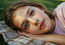 Young girl resting thoughtfully on a blanket outdoors