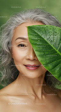 Graceful Aging Woman with Green Leaf and Water Droplets