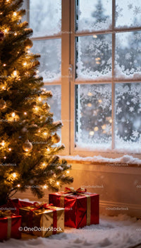 Cozy Christmas Tree and Gifts Near Snowy Window