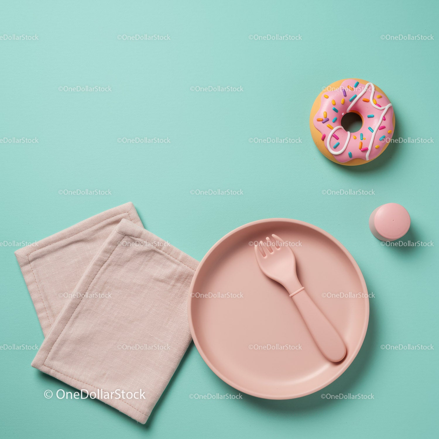 Pastel Tableware and Tasty Donut on Blue Background