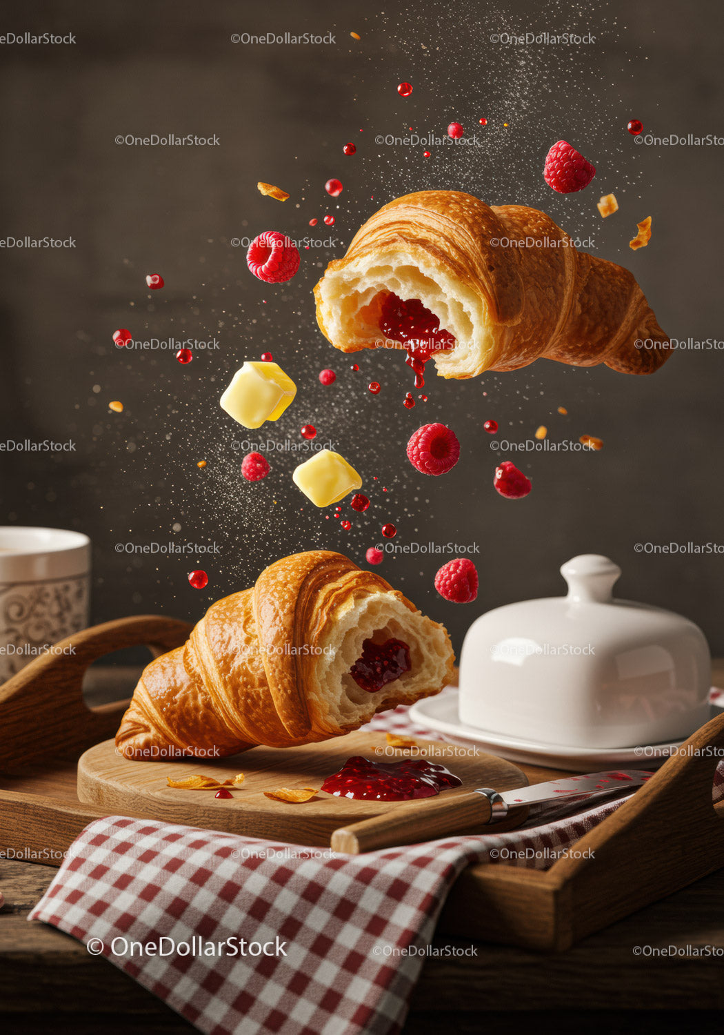 Fresh croissants with raspberry jam and butter on wood tray