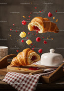 Fresh croissants with raspberry jam and butter on wood tray