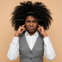 Confused Young African American Woman Covering Her Ears with Frustrated Expression