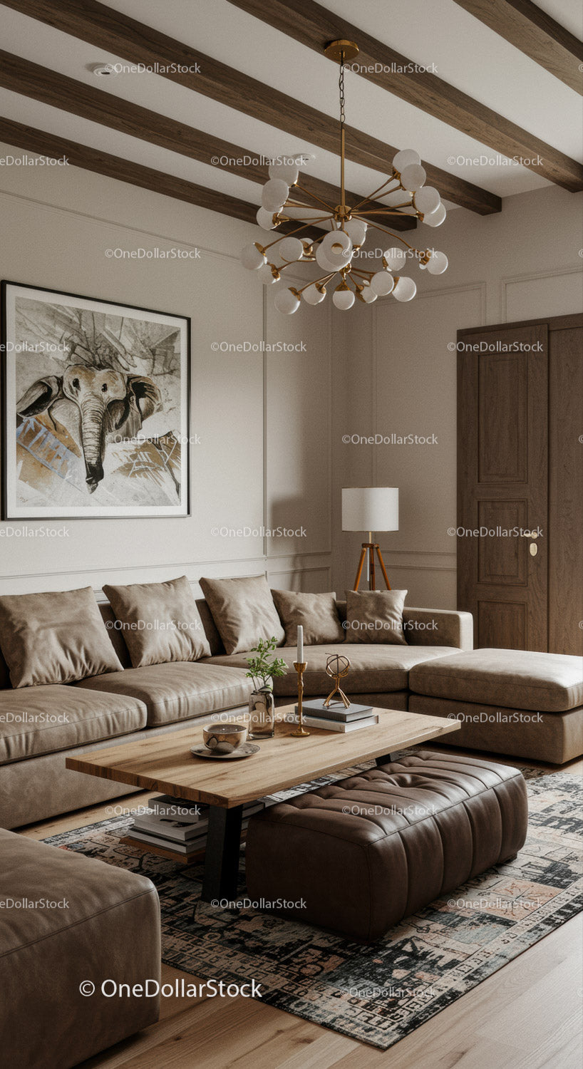 Elegancki, nowoczesny salon z beżową sofą i drewnianym stolikiem kawowym