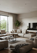 Bright Modern Living Room with Beige Sofa and Green Houseplant