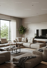 Bright Modern Living Room with Beige Sofa and Green Houseplant