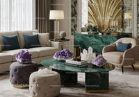 Elegant living room with green marble and amethyst decor