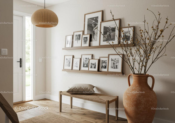 Cozy minimalist hallway with framed photos and natural decor