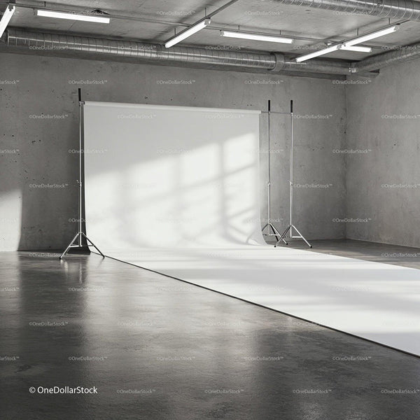 Empty photo studio with white backdrop and industrial interior JPG Mockup Image