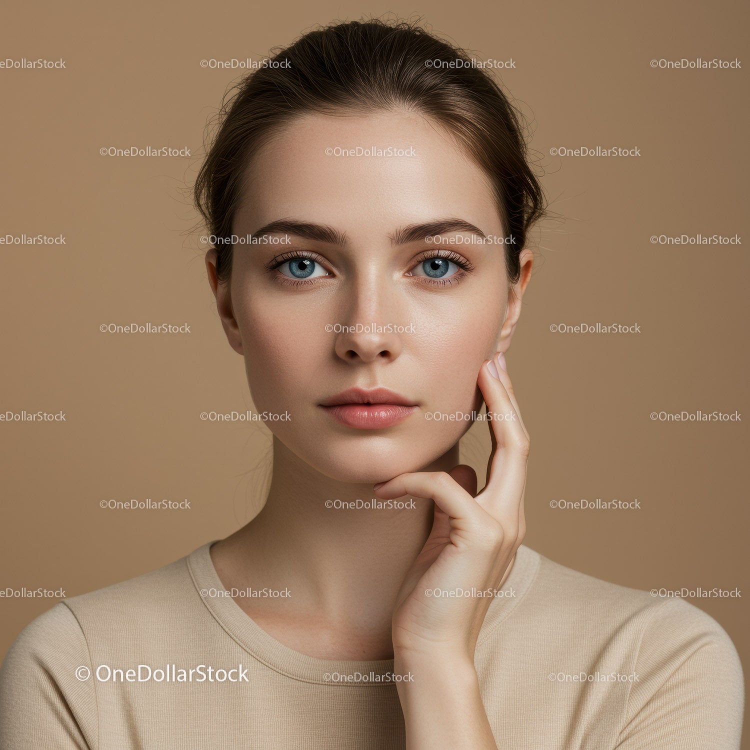 Portrait of a Young Woman with Blue Eyes and Natural Makeup