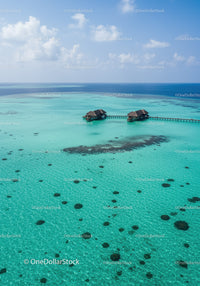 Tropical Overwater Bungalows Over Crystal Clear Blue Ocean