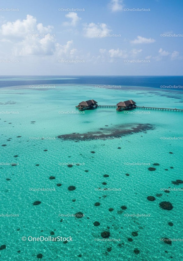 Tropical Overwater Bungalows Over Crystal Clear Blue Ocean