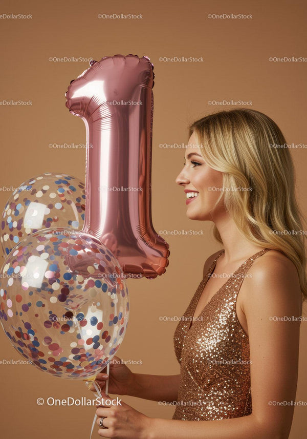 Smiling woman holding number one balloons for celebration