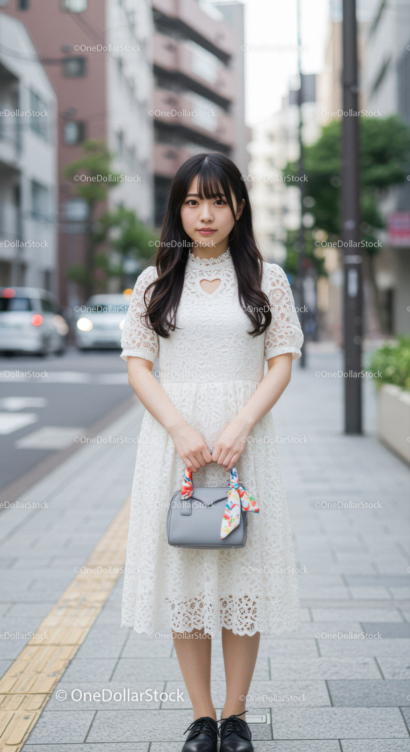 Young Woman Wearing White Lace Dress Standing on City Street
