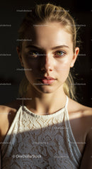 Elegant Blonde Woman with Green Eyes in Sunlit Lace Top