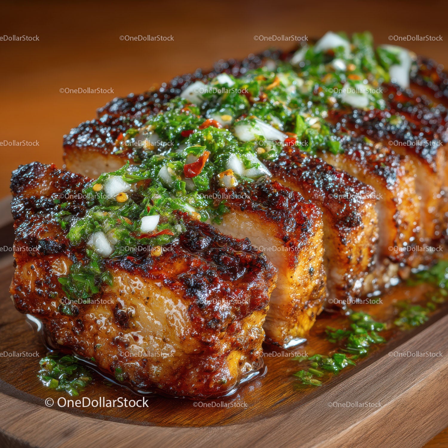 Cooked Pork Belly with Green Onion Relish on Wooden Board