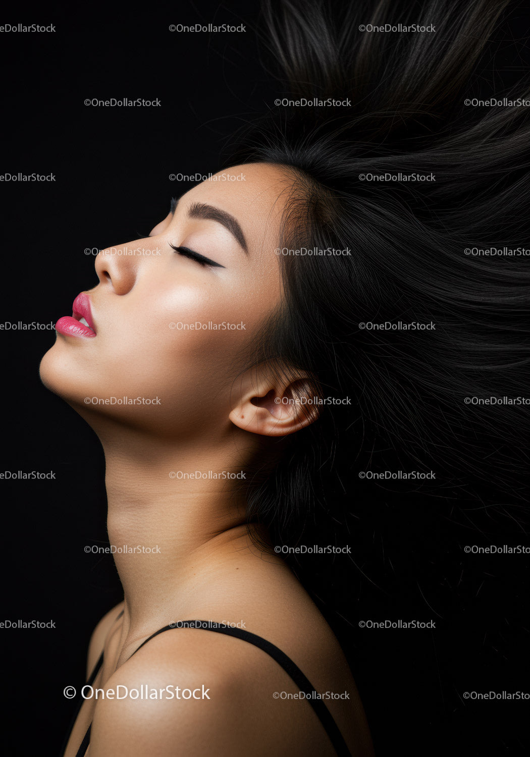 Profile of serene woman with flowing dark hair