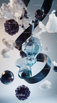 Abstract Glass Skull Sculpture with Purple Spheres and Cloud Elements