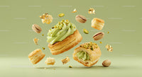 Pistachio Cream Pastries with Floating Nuts and Crumbs