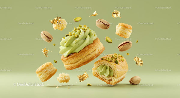 Pistachio Cream Pastries with Floating Nuts and Crumbs